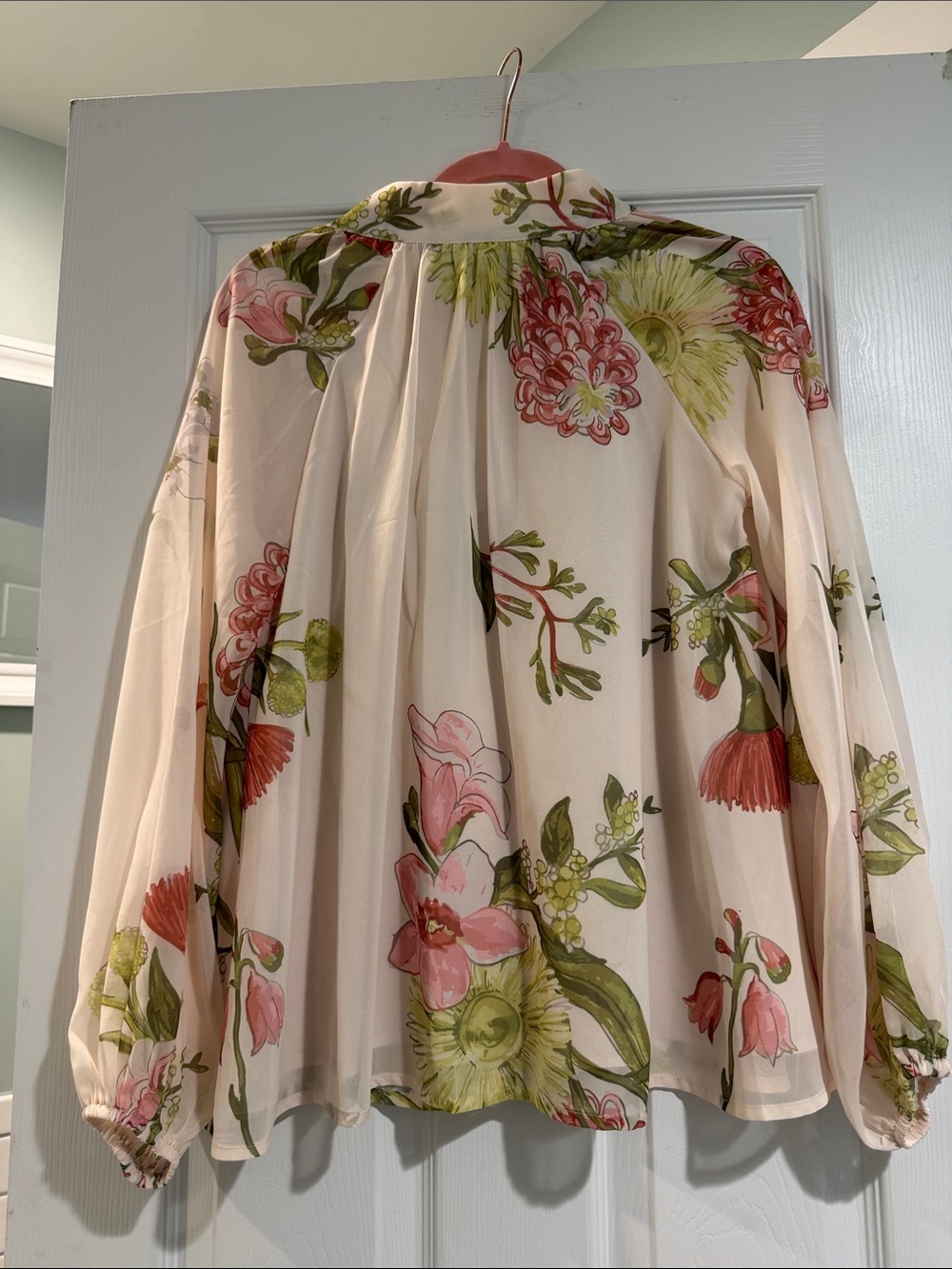 Petal & Pup Sheer Floral Button-Front Blouse in Cream, Pink & Green - Picture 7 of 11